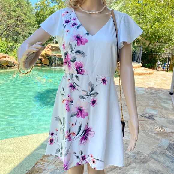 White House Black Market Dresses & Skirts - Flirty floral dress ecru W/violet NWT